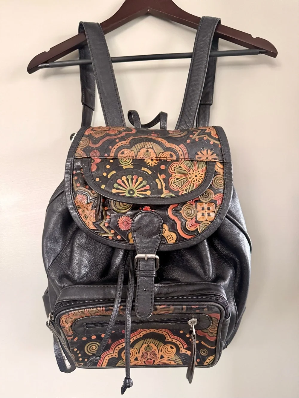 Hand made Black Leather Floral-Print Backpack Purse